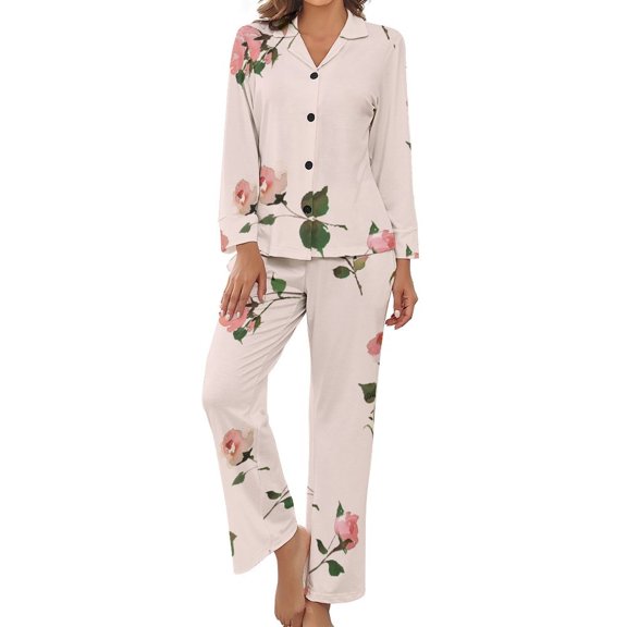 Rose Pattern Women's Long Sleeve Flannel Pajama Set Sleepwear M