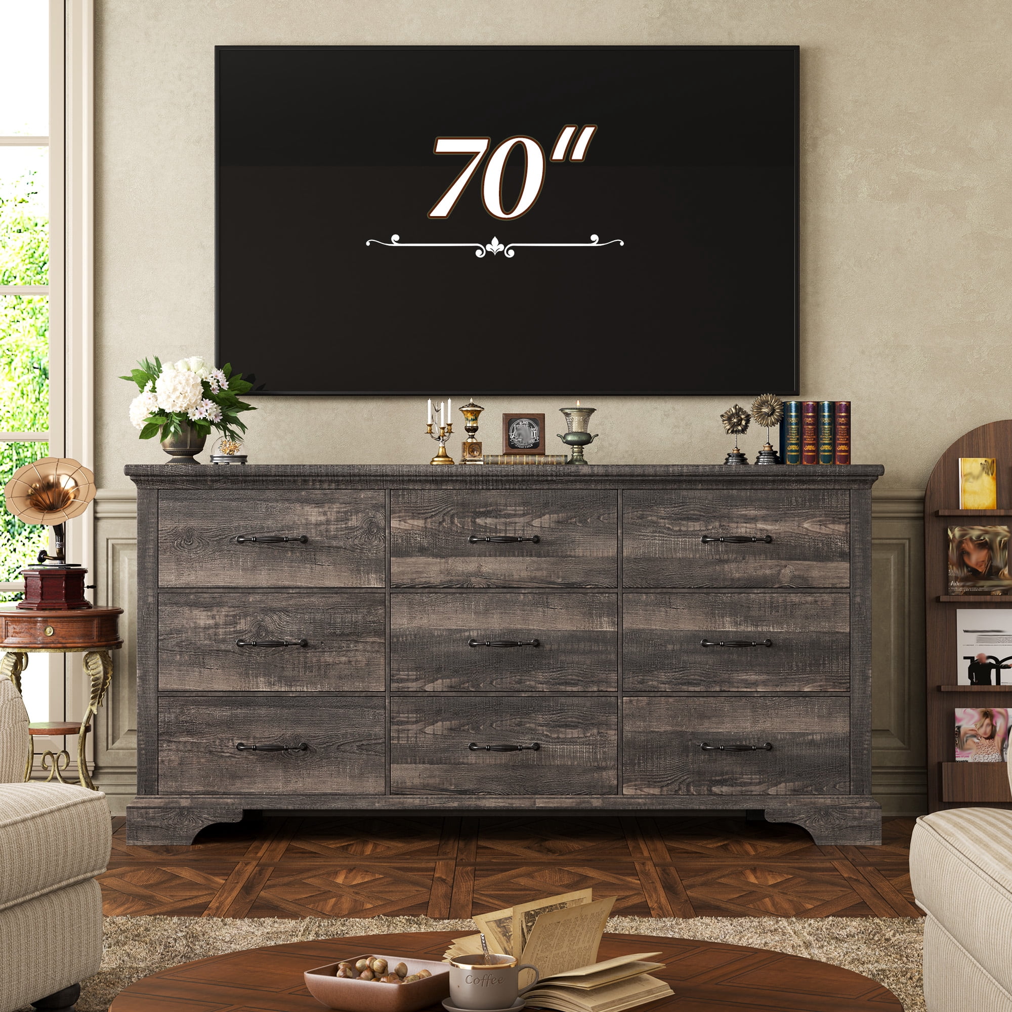 9 Drawers Dresser, 63"L Farmhouse Dressers for Bedroom & Chest of Drawers, Solid Wood TV Stand with Large Metal Handle,Dark Rustic Oak