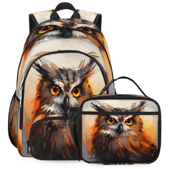 Herdesigns Cool Owl Backpack with Lunch Box Bird Owl Lightweight Large Travel Work Laptop Backpacks Set Casual Daypacks