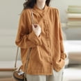 thumbnail image 2 of YUEHUA Women's Linen Blend Ruffle Trim Button Up Shirt, High Neck Long Sleeve Loose Fit Blouse, Vintage Style Casual Top, 2 of 7