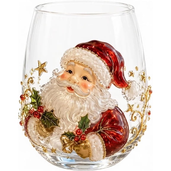 Christmas Glass Art Cup, Cute 2D Santa Snowman Stemless Wine Glass, Festive Holiday Barware Tumbler & Winter Table Decor, Xmas Cocktail Beverage Drinking Gift