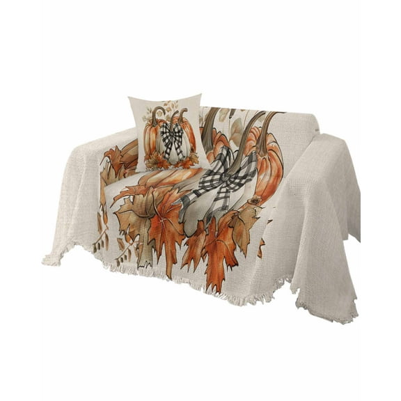 Orange White Pumpkin Sofa Couch Covers for Dog,Washable Sectional Couch Slipcovers for Loveseat with Tassels,Beige Thanksgiving Fall Maple Leaves Non Slip Sofa Throw Cover Blanket Large 71''x102''