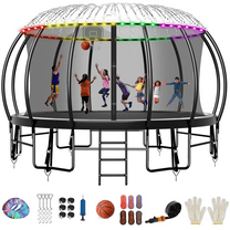 FIZITI 16FT Trampoline with Basketball Hoop,Enclosure Net,Sprinkler,Light,Socks,Ladder for 7-8 Kids and Adult,2000LBS Pumpkin Outdoor Heavy Duty Recreational Backyard Trampoline