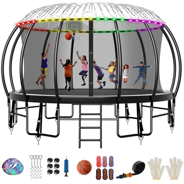 FIZITI 16FT Trampoline with Basketball Hoop,Enclosure Net,Sprinkler,Light,Socks,Ladder for 7-8 Kids and Adult,2000LBS Pumpkin Outdoor Heavy Duty Recreational Backyard Trampoline