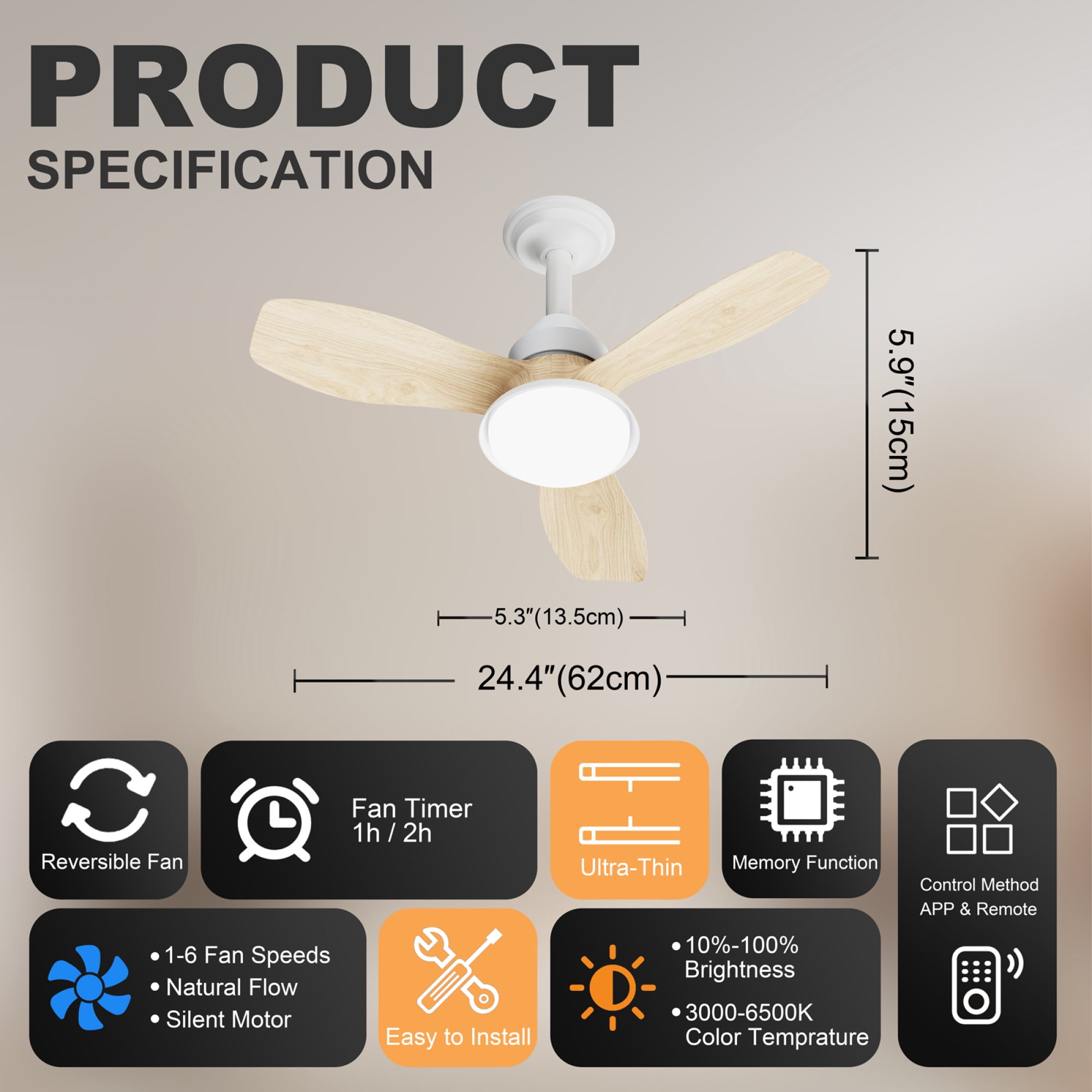 Leumius 24.4" Brown Ceiling Fan with Light, 3 Blades, 6-Speed Reversible Quiet DC Motor, Dimmable LED, APP & Remote Control, Flush Mount for Bedroom Living Room Covered Patio