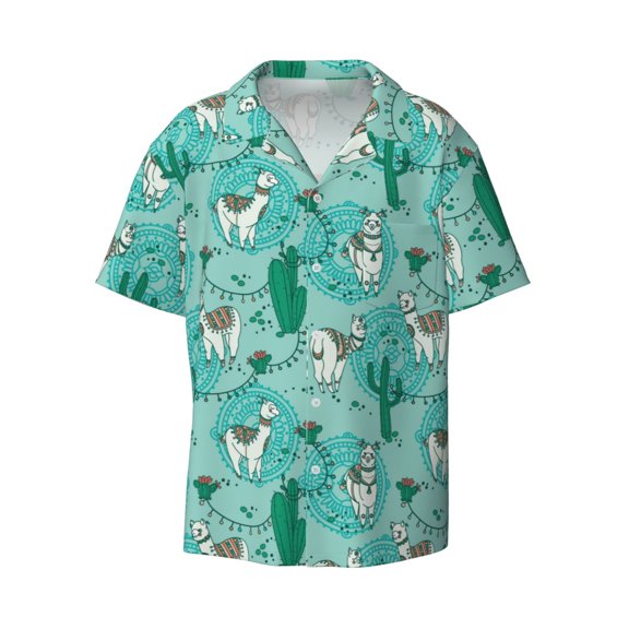 Vsdgher Alapaca in Boho Print Men's Wrinkle Free Untucked Cuban Shirt Business Casual Button Down Shirts Short Sleeve Shirt