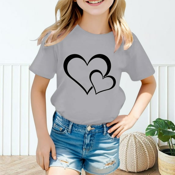 XEGLSBU T-Shirts for Girls 9-10 Kid Girls Cute Graphic Round Neck Short Sleeve Tee Summer Casual T Shirt Grey Size 7-8 Years
