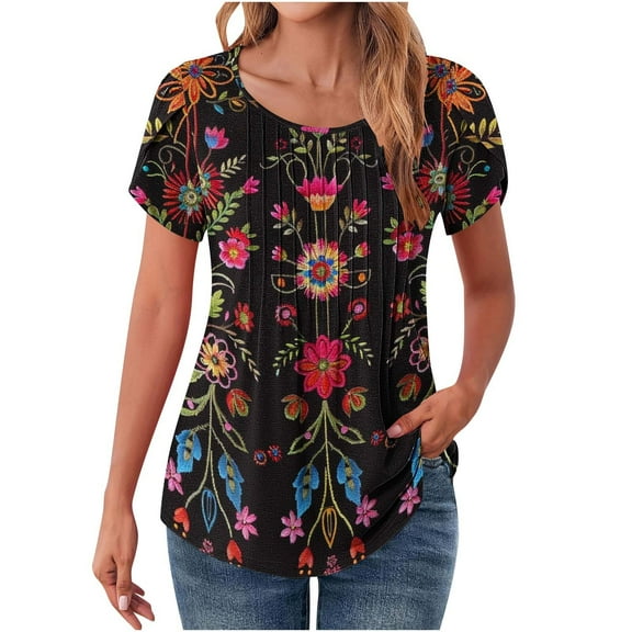 Women's Floral T-Shirts Casual Petal Sleeves Tunic Tops Summer Cute Pleated Crewneck Tshirt Blouses