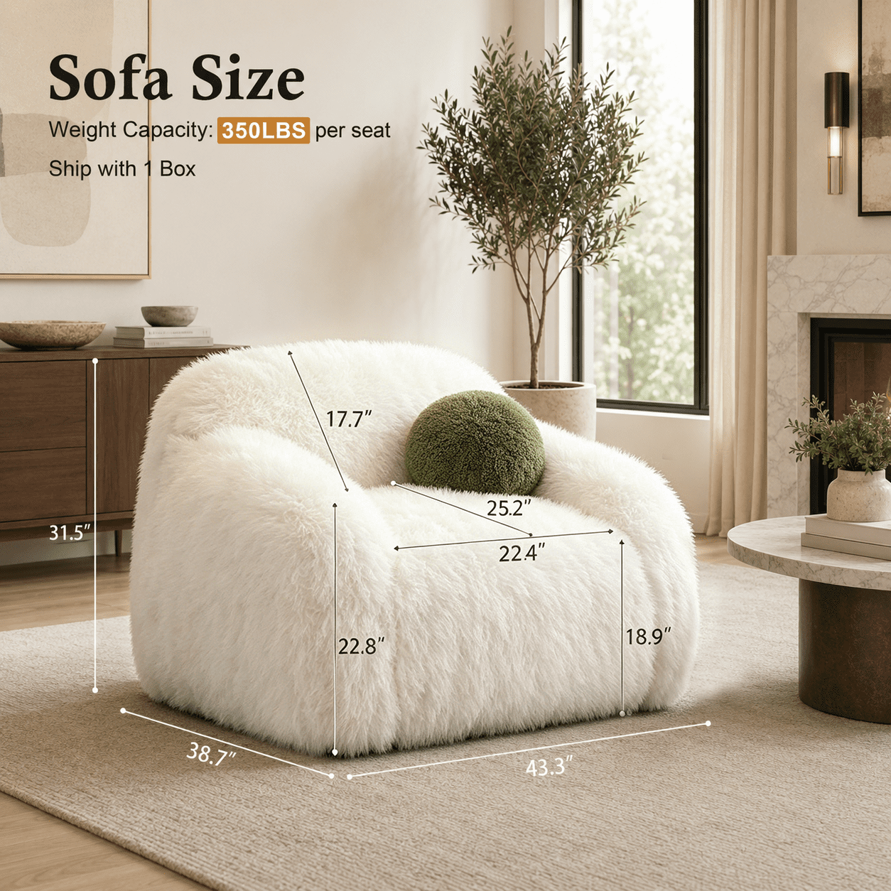 Aenkyo Oversized 360 Degree Swivel Accent Chair, Plush Faux Fur Barrel Sofa Chair, 25" Deep Seat, White