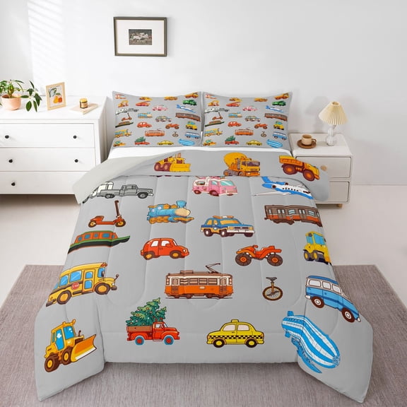 Manfei Teens Colorful Truck Bedding Comforter Set 2pcs,Car Theme Twin Comforter Sets Microfiber,Transportation Theme Breathable Bedding Set,Super Cozy Room Decor,Reversible