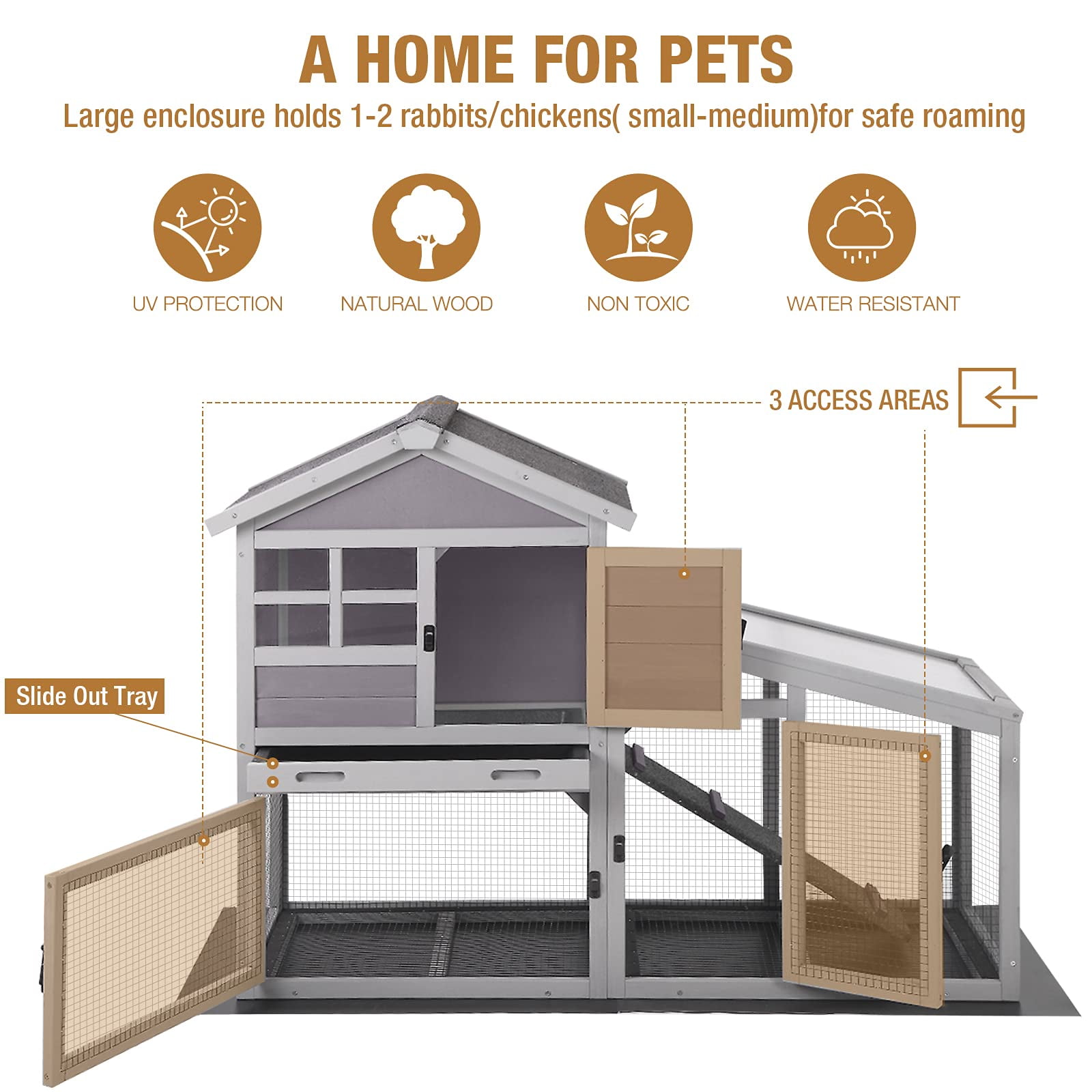 MEDEHOO Wooden Rabbit Hutch - Outdoor/Indoor Bunny Cage with Run, Pull-Out Upper Tray, 51.6"L x 25.2"W x 36.2"H, Grey