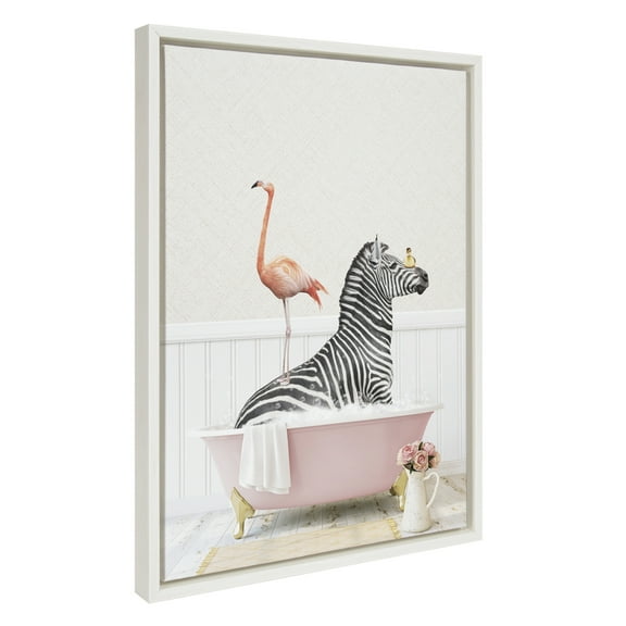 Kate and Laurel Sylvie Zebra and Flamingo in Cottage Rose Bath Framed Canvas Wall Art by Amy Peterson Art Studio, 18x24 White, Modern Fun Decorative Bathtub Wall Art for Home Décor