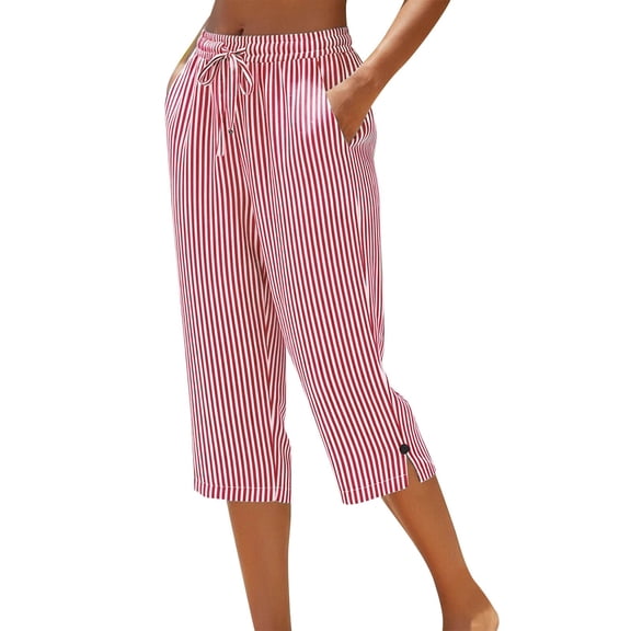Luriav Capris for Women with Pockets Breathable Comfy Capri Pant Straight Leg Striped Trousers Beach Vacation Clothes(Red,X-Large)