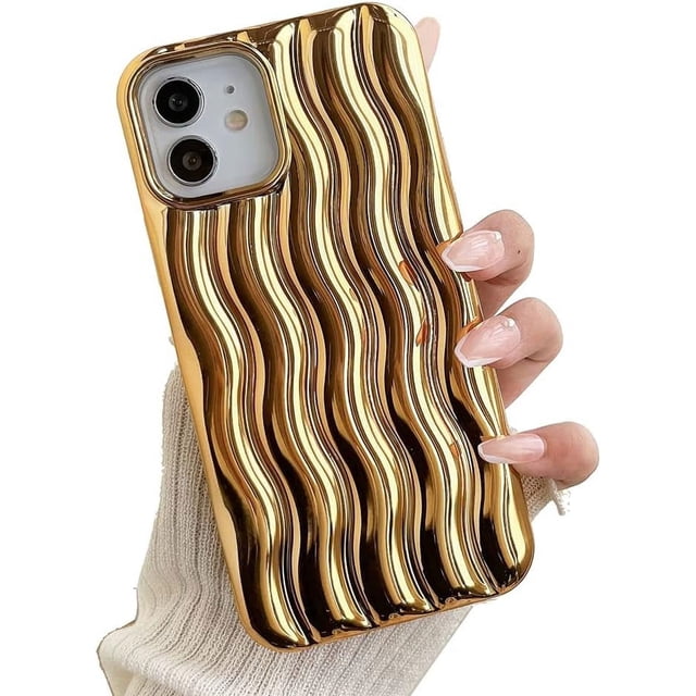 Funda para iPhone con diseño de ondas 3D y bordes rizados, de silicona suave, fina, a prueba de golpes (chapada en oro brillante, iPhone 13 Pro)