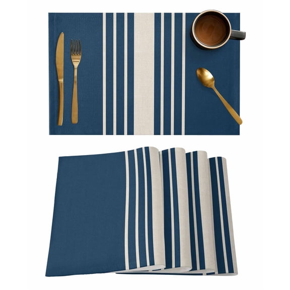 Placemats 1 Pack, Navy Blue Beige Striped Woven Placemat, Linen Place Mats for Kitchen/Dining Tables, Modern Farmhouse Retro Lines Washable Table Mats for Party