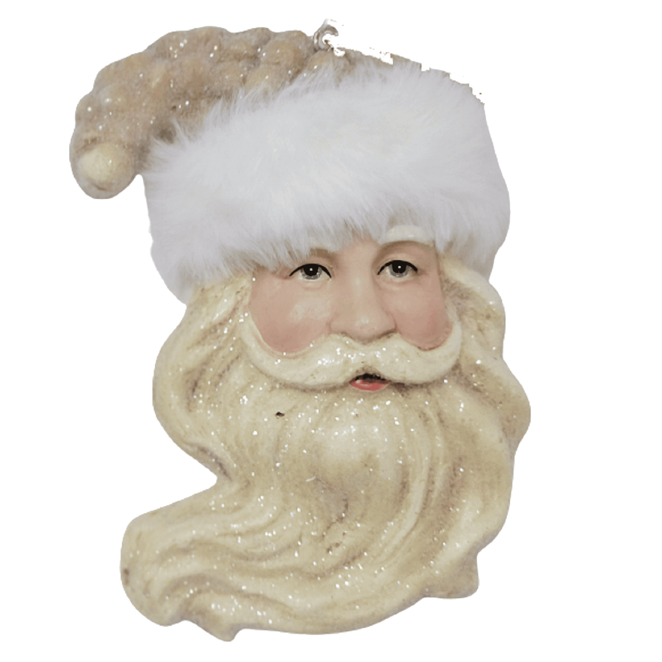 Holiday Time Santa Fur Trim Ornament. Cozy Theme. Vintage Look Santa Face. Flake Fur Hat. Beige Color