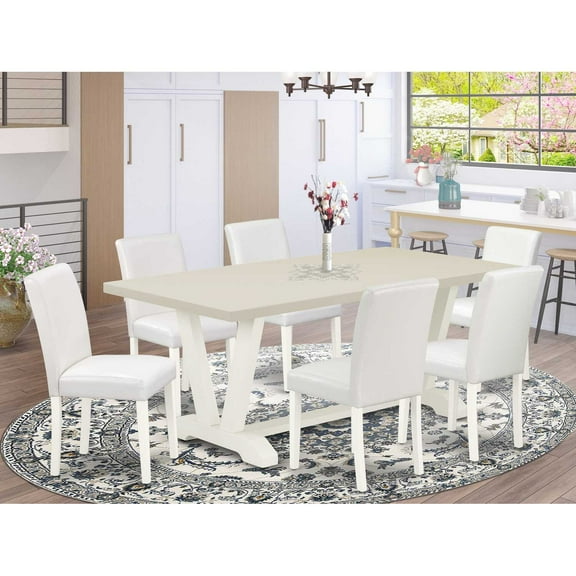 East West Furniture V027AB264-7 7 Piece Dining Room Furniture Set Consist of a Rectangle Dining Table with V-Legs and 6 White Faux Leather Upholstered Chairs, 40x72 Inch, Multi-Color