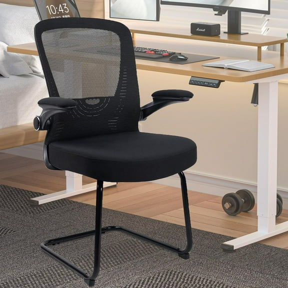 CLATINA Waiting Room Chairs with Flip Up Arms and Adjustable Lumbar Support, Office Guest Chairs & Reception Chair for Conference Room, Breathable Mesh Black Desk Chair No Wheels for Elderly