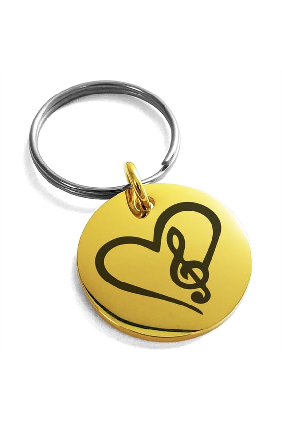 Stainless Steel Love Music Treble Clef Heart Engraved Small Medallion Circle Charm Keychain Keyring