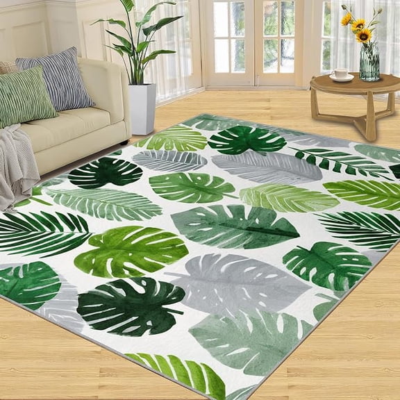 Tropical Leaves Bedroom Rug, Monstera Watercolor Rugs for Living Room, Green Botanical Area Rug & Carpet, Non Slip & Low-Pile, Indoor Washable Rugs & Home Decor 2 x 3ft