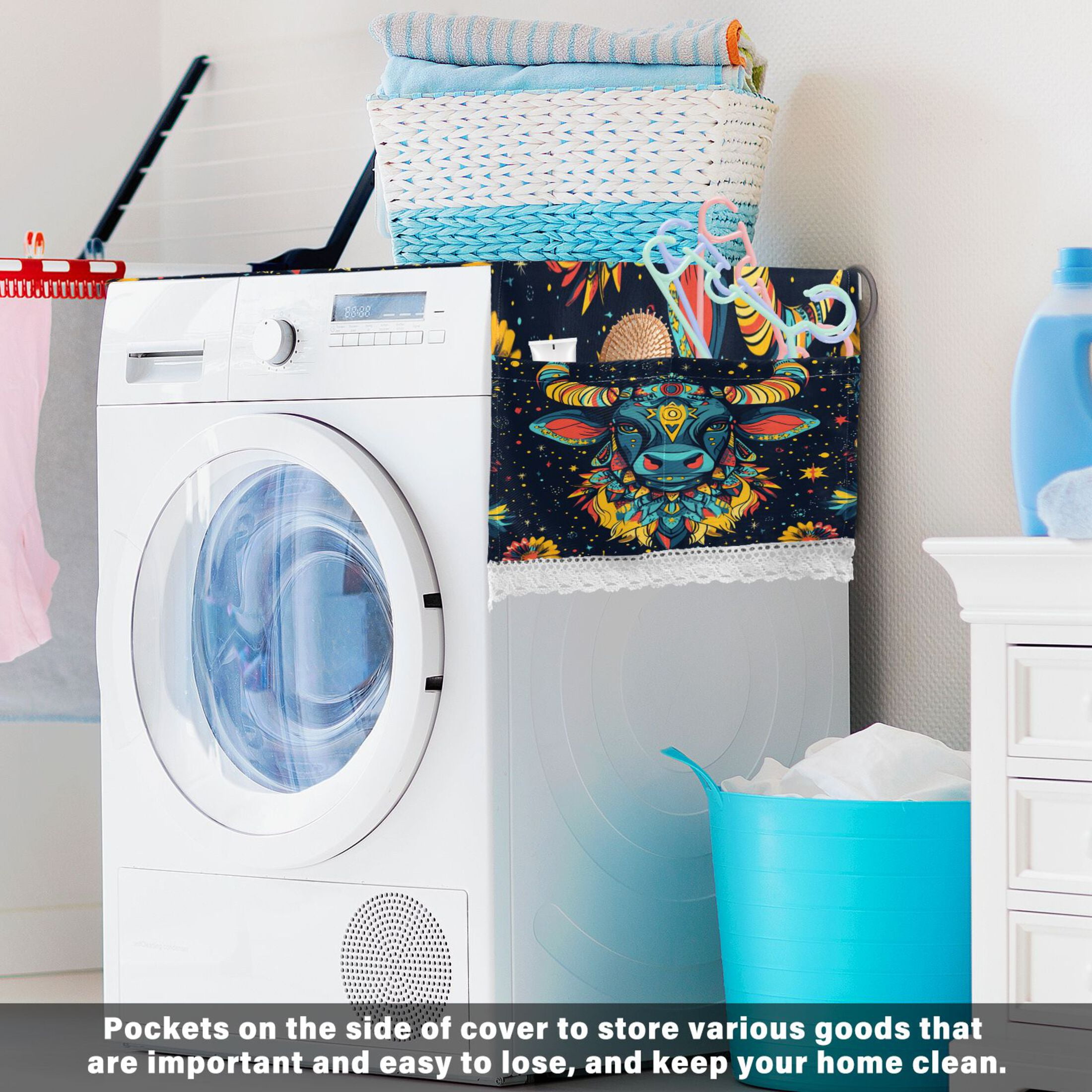 BullheadWasher and Dryer Covers Dust-Proof and Oil Resistant Fridge Cover with 4 Storage Pockets Washing Machine Top Cover for Laundry Kitchen Home 51.2 x 22 In
