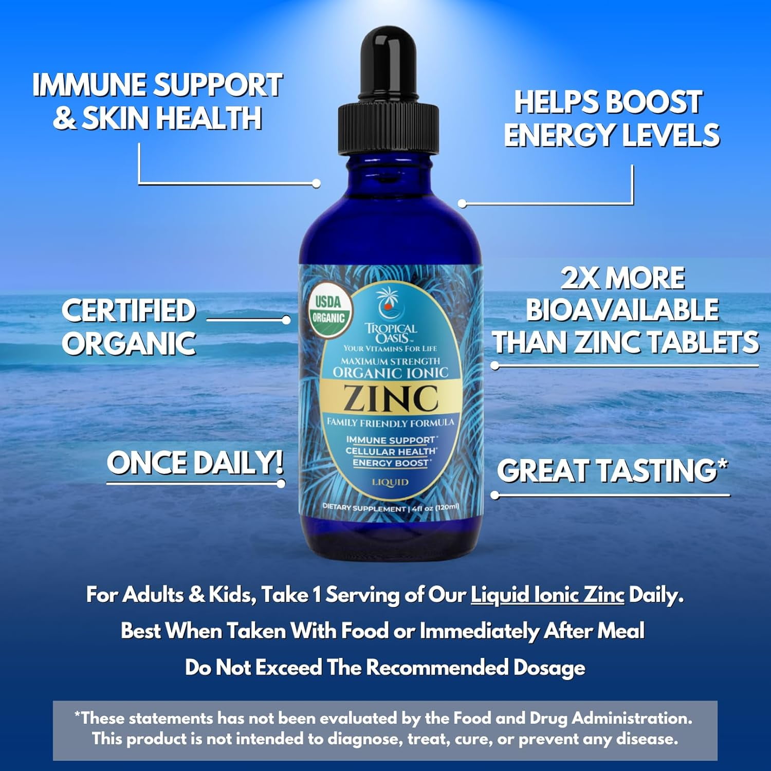 Tropical Oasis Ionic Zinc Drops for Kids & Adults, Maximum Strength Liquid Vitamin Vitamin Supplement for Immunity and Skin health, 4 Oz, 150 Servings