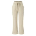 thumbnail image 2 of CHWGFWL Women's Summer Pants Women's Solid Color Strapped Pockets Loose Casual Wide Leg Cotton Linen Casual Pants Pants Wide Leg Trousers Women Women Business Casual Outfits (Beige,XXL), 2 of 4
