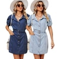 thumbnail image 2 of Chenyin Women's Short Sleeve Jean Dresses Summer Button Slim Denim Dress Women's Stylish Tucked in Waist Casual Dress S-XL, 2 of 8