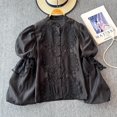 thumbnail image 2 of Blusa informal de manga farol con cuello levantado, camisa de encaje ahuecada con bordado de una sola botonadura, Top de moda, 2 of 5