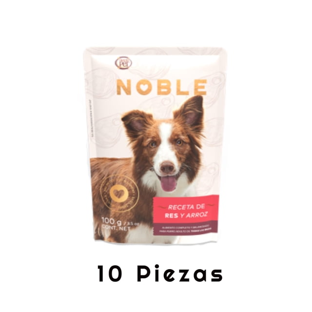 Alimento Húmedo Noble Receta Res y Arroz Sobre de 100 g (Caja Con 10 Pzas)