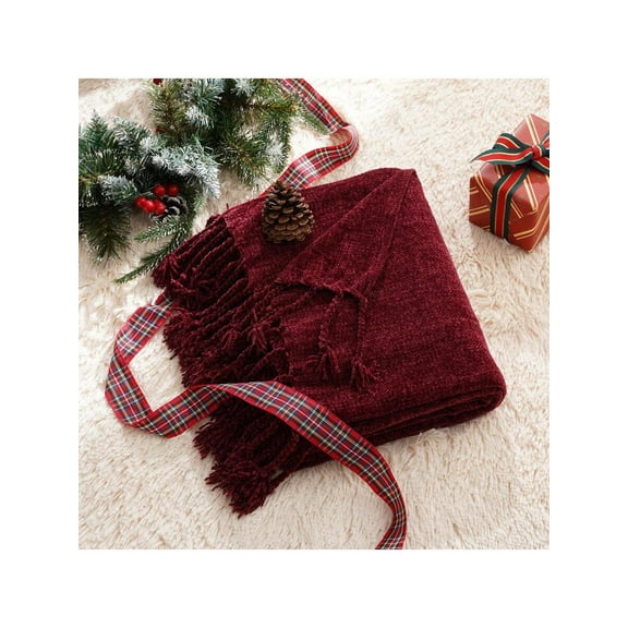Burgundy Chenille Throw Blanket For Couch, Decorative Velvety Red Blankets For Sofa Bed,Soft Cozy Knit Throw Blanket With Tassels Christmas Decor, 50"X60"
