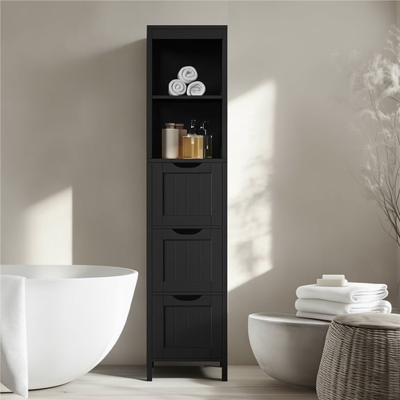 Yaheetech Modern Narrow Bathroom Storage Cabinet with 3 Drawers and 2 Open Shelves, Black