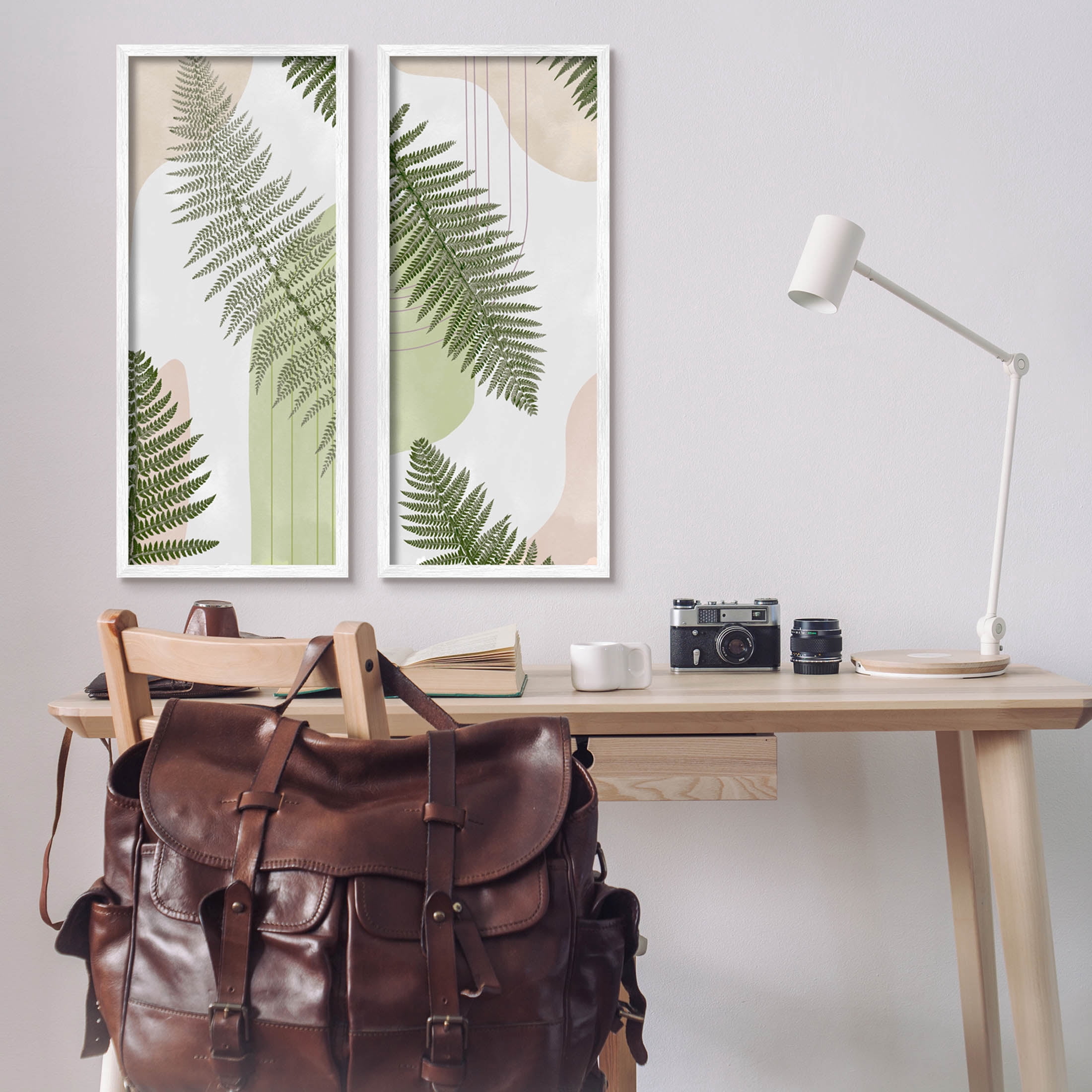 Fern Leaves Pastel Geometric Botanical & Floral Graphic Art White Framed Art Print Wall Art, Set of 2