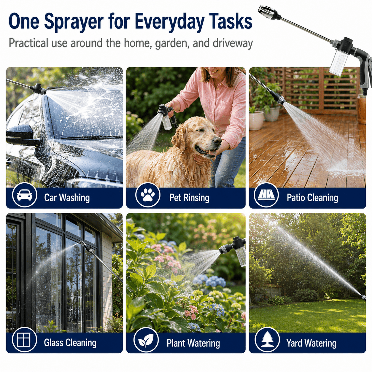 High Pressure Garden Hose Nozzle Sprayer, Adjustable Metal Water Sprayer with Foam Bottle Attachment for Car Washing, Patio Cleaning, Plant Watering and Pet Rinsing