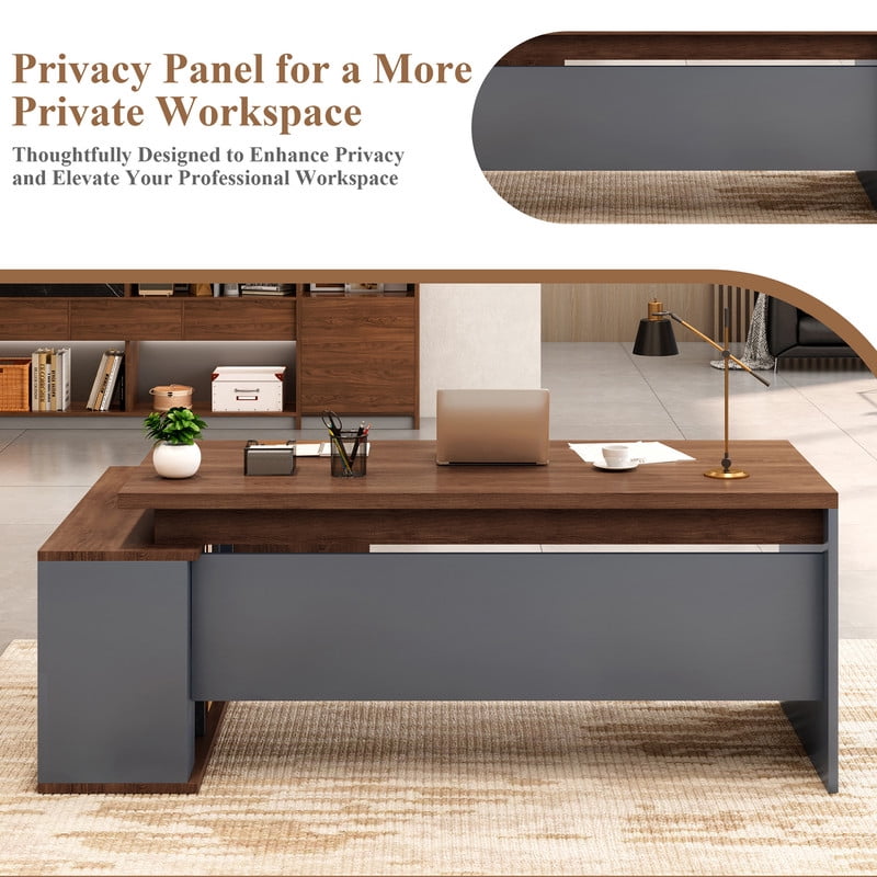 78.7" L Shaped Executive Desk Reversible Return with File Cabinet Drawers, Extra Large Modern Executive Desk Privacy Panel Workstation for Boss Managers Office Home,Walnut