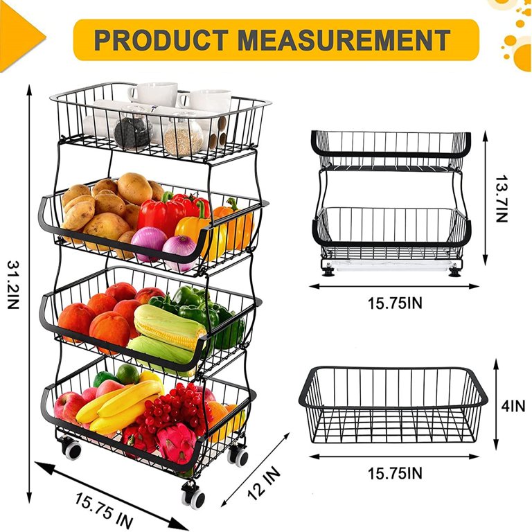 CoSoTower Fruit Vegetable Storage Basket For Kitchen - 4 Tier Stackable  Metal Wire Baskets Cart With Rolling Wheels Utility Fruits Rack Produce Snack  Organizer Bins 