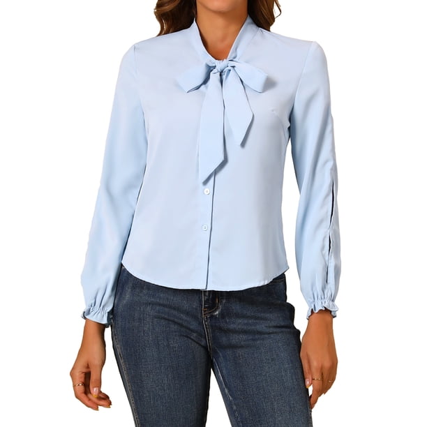 INSPIRAR CHIC Blusa Elegante con Lazo en el Cuello de Manga Larga Camisa de Chifón para Trabajo Talla M Azul Claro