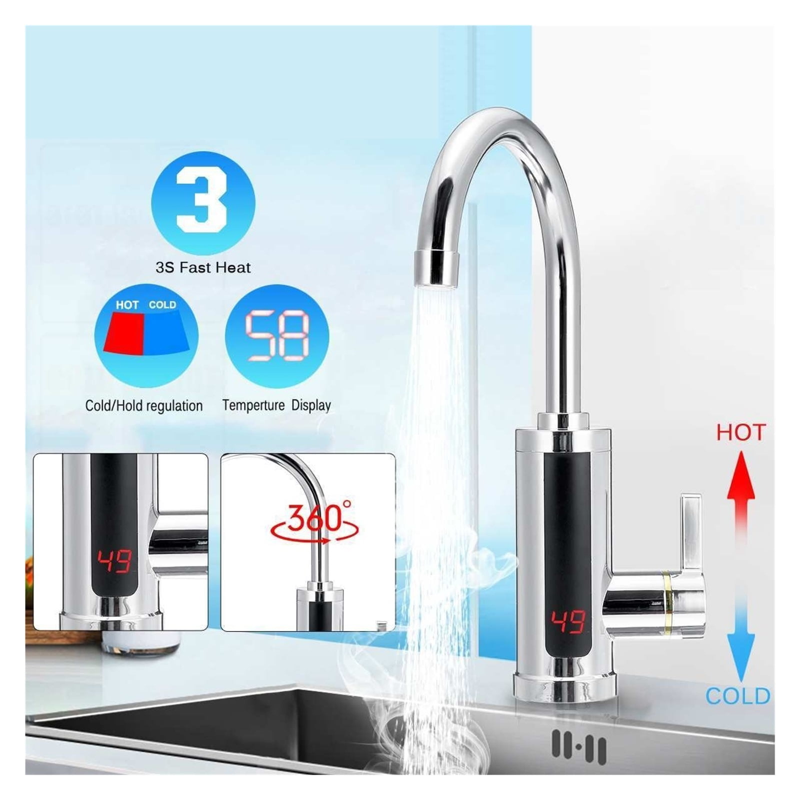 Household Electric Instant Heating Faucet Hot Cold Dual-use Tankless Water Quickly Heating Tap LED Display Kitchen