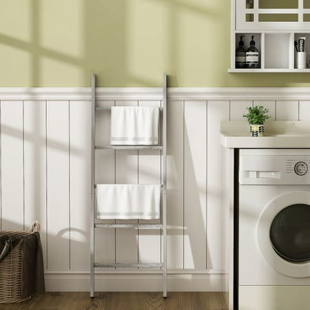 

Farmhouse 4.5 Ft Wall Leaning Wood Blanket Quilt Storage Ladder Towel Rack Bathroom Bedroom Decorative Shelf - Vintage White