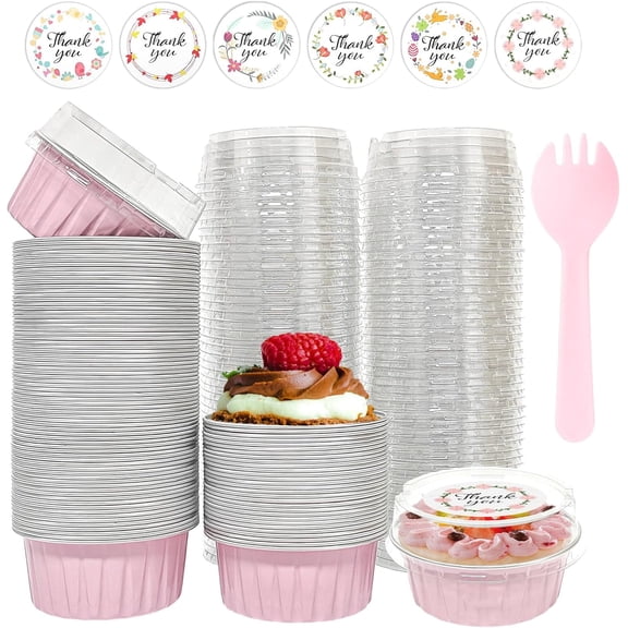 100 PCS Aluminium Foil Baking Cups, Mini Cake Pans with Lids and 100 PCS Spoons, 5 oz Disposable Baking Cups Foil Ramekins For Party Birthday Wedding Valentines (Pink)