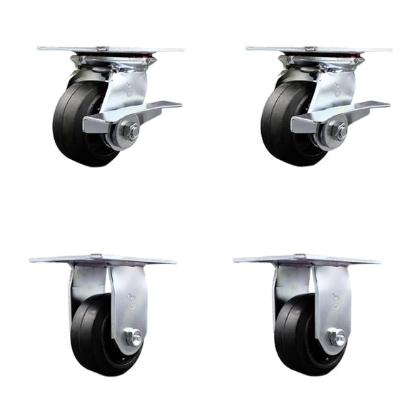 4 Inch Rubber on Steel Caster Set with Roller Bearing 2 Brakes and 2 Rigid SCC