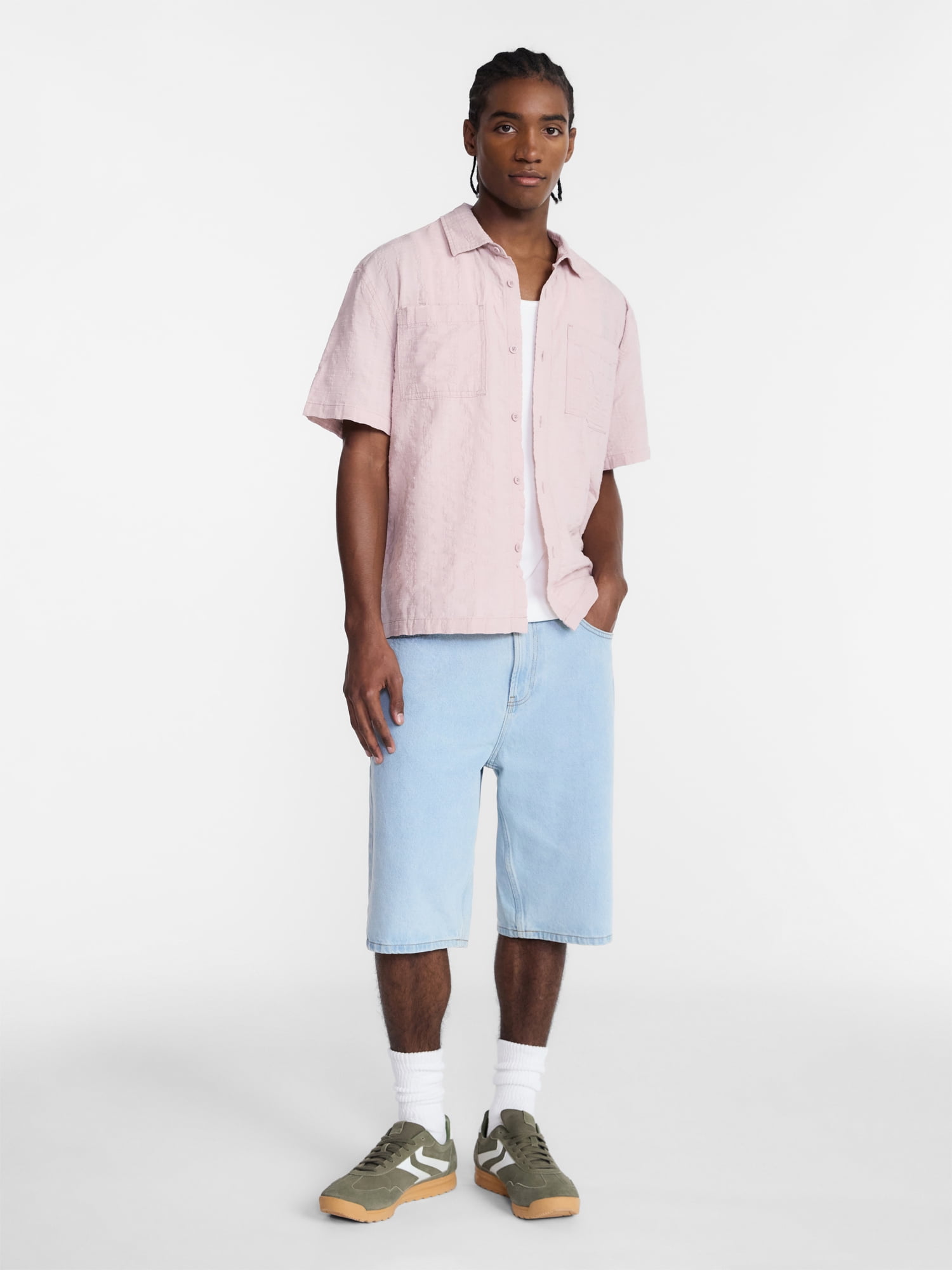 No Boundaries Textured Grid Boxy Fit Resort Shirt, Men's XS-5XL