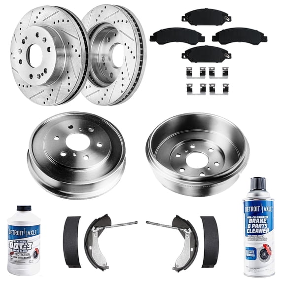 Detroit Axle - Brake Kit for 2005 2006 2007 Chevy GMC Silverado Sierra 1500 Front Drilled & Slotted Rotors Ceramic Brakes Pads and Rear Drums Semi-metallic Shoes Replacement