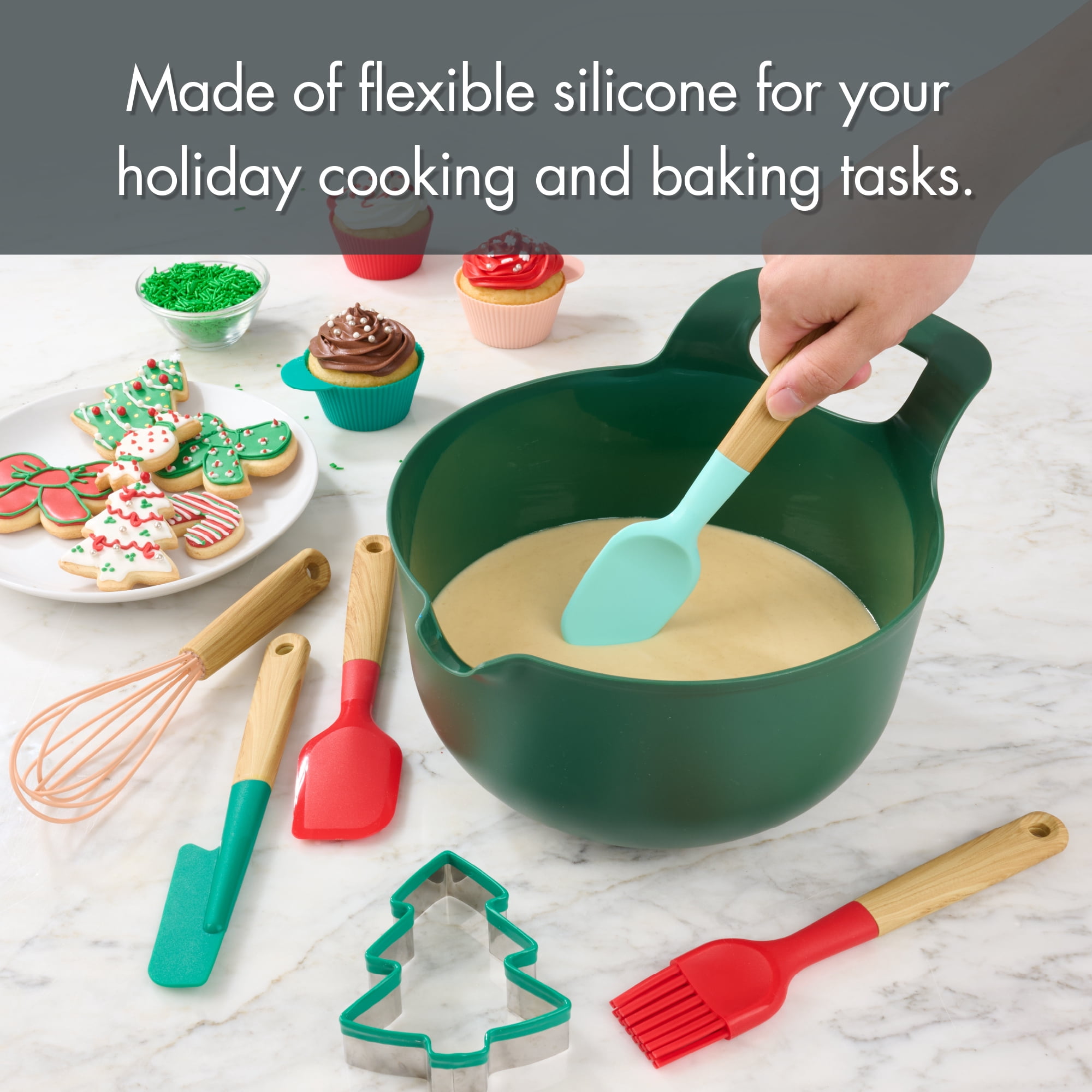 Holiday Time 5-Piece Mini Baking Tools. Red, Green, Pink and Blue