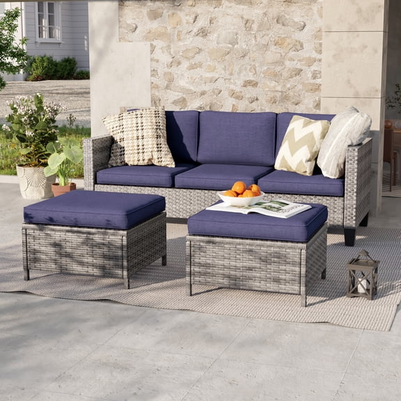 ACEGOSES 3-Piece Patio Sofa Set Rattan Outdoor Furniture Set Three-Seat Sofa Ottomans Suiting Backyard, Poolside and Patio,Navy Blue