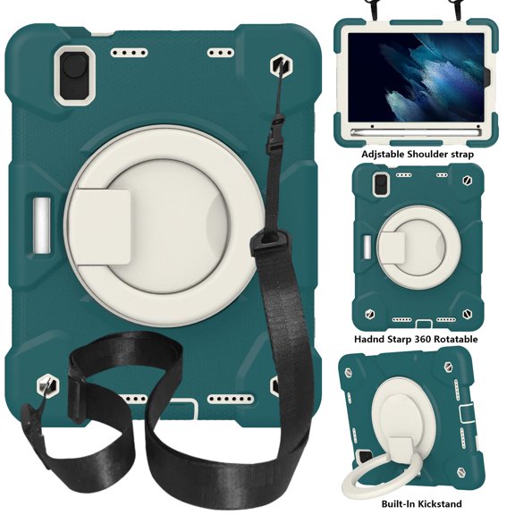 ELEHOLD Military Grade Shockproof Case For iPad mini (6th Generation), Heavy Duty Protection Ring Stand Cover, Adjustable Angel, Detachable Shoulder Strap, Pencil Holder, Dark Green