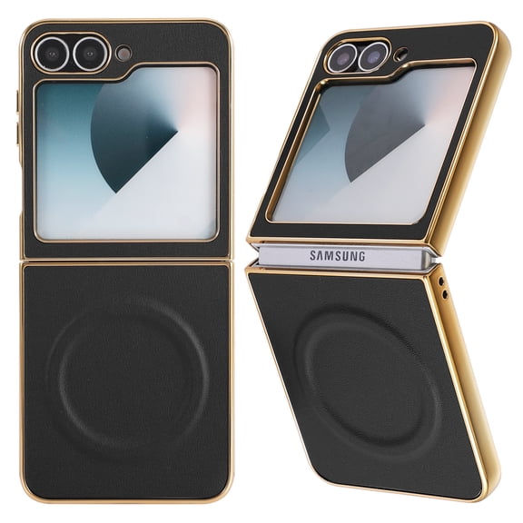 For Samsung Galaxy Z Flip 3 Magnetic Phone Case,Made From PU Leather Hard PC,Luxurious Electroplated Frame Designing,Ultra Slim Thin Fit Shockproof Rugged Phone Case,Black
