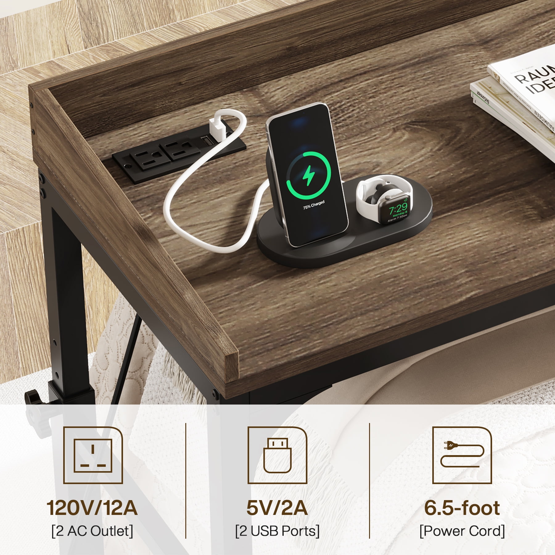 Fnova Overbed Table with Wheels, Height Adjustable Rolling Desk with Power Outlets & USB Ports, Tiltable Stand, for Queen Bed, Laptop Computer, Portable Hospital Home Use