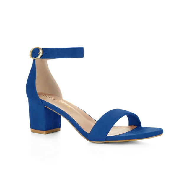 BLISSFUL STEP Women's Shoes Open Toe Mid Block Heel Ankle Strap Faux Suede Sandals Dark Blue 9