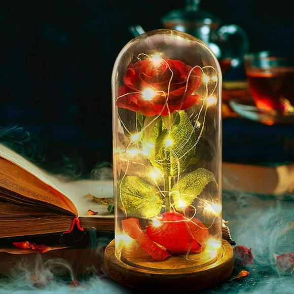 Rosa De La Bella Y La Bestia, Kit De Rosa De Seda Roja Encantada Con Cadena De Luces Led Pétalos Caídos En Cúpula De Vidrio Sobre Base De Madera El Mejor Regalo Para La Madre